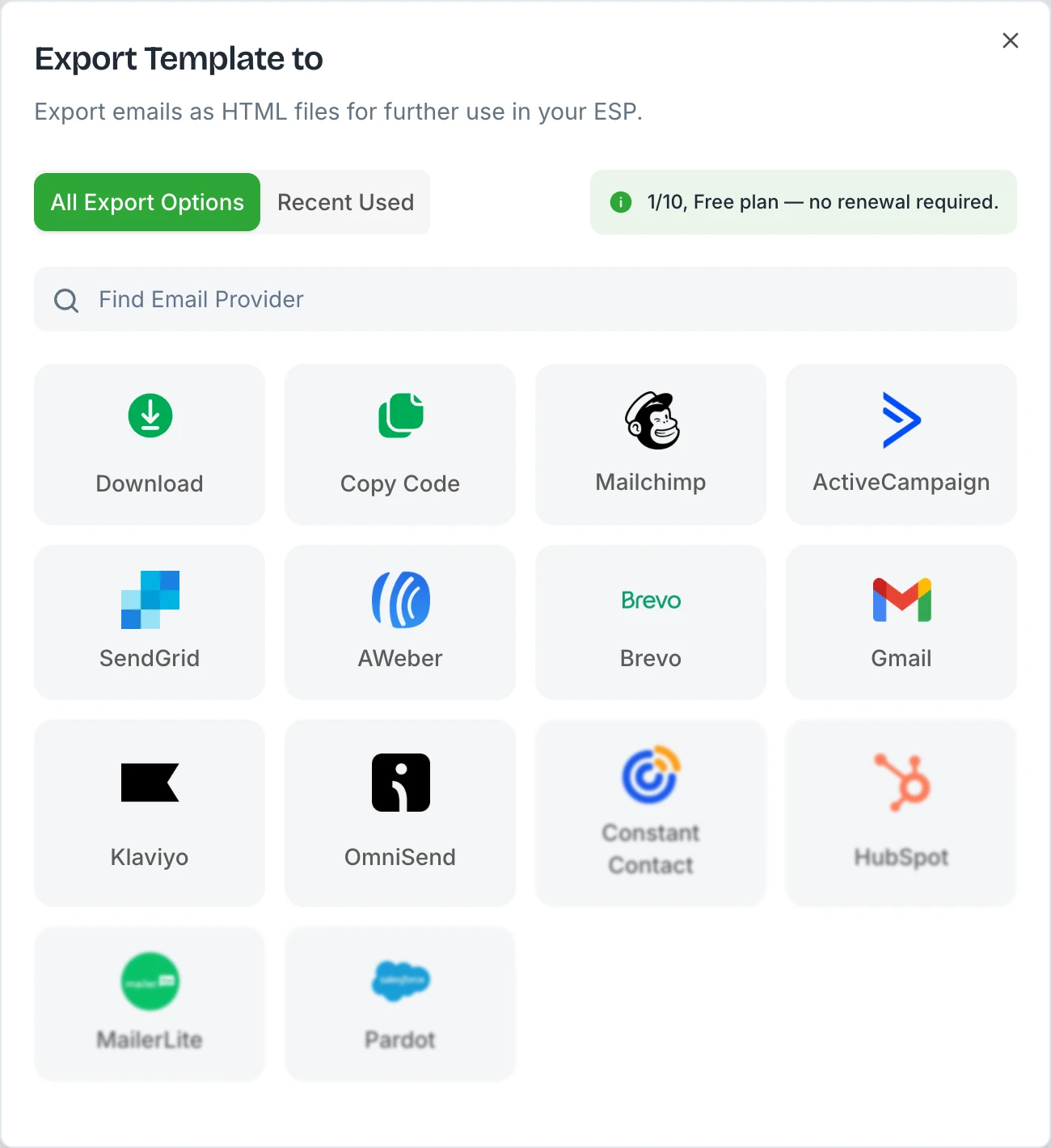 MailEditor export dialog with every export option